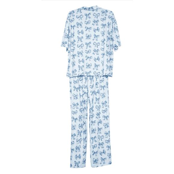 LIGHT BLUE TOILE COQUETTE BOWS LOUNGE PANTS SET - Picture 2 of 3